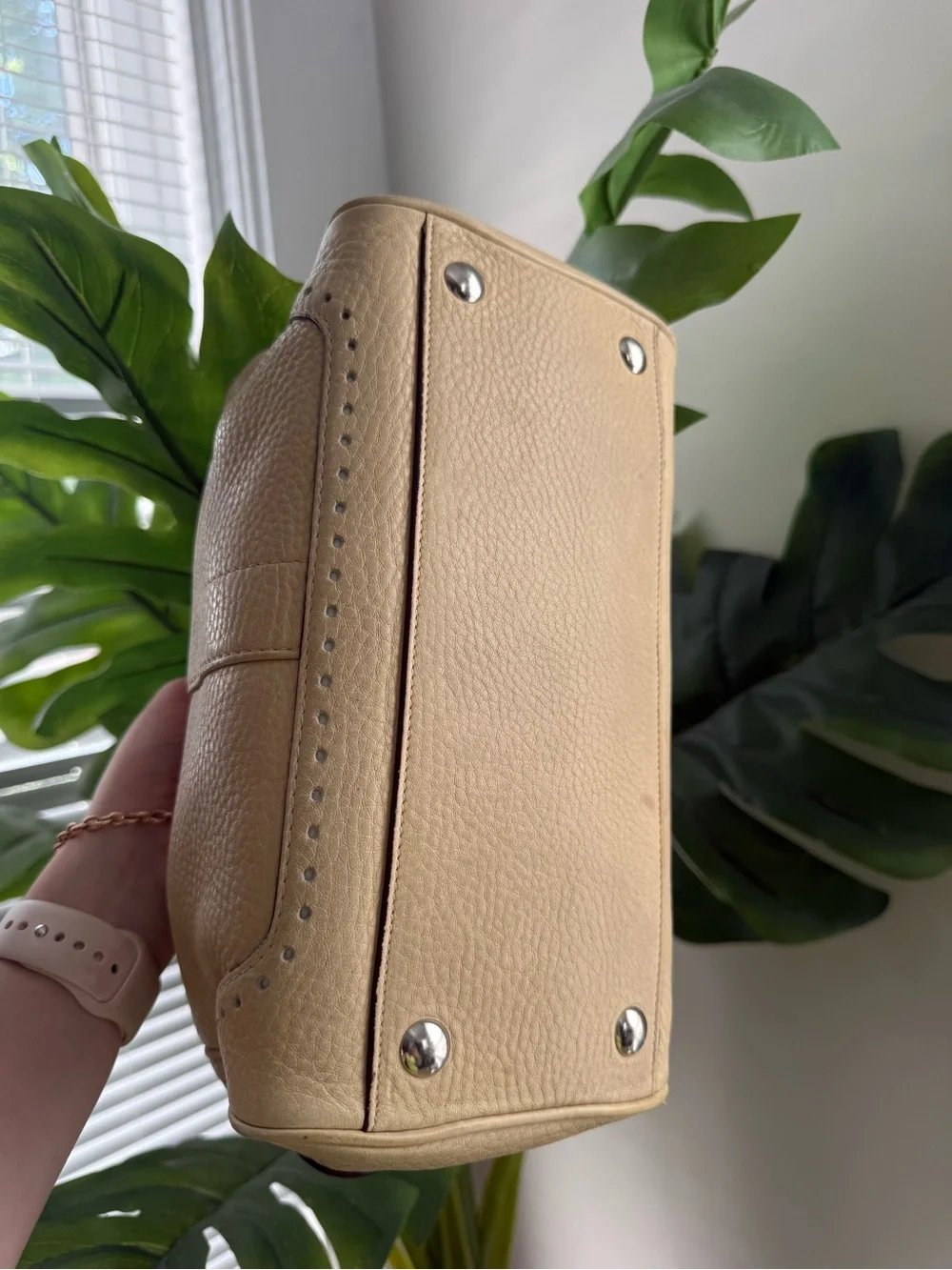 Coach Pebbled Leather Satchel in Beige with Dark Trim